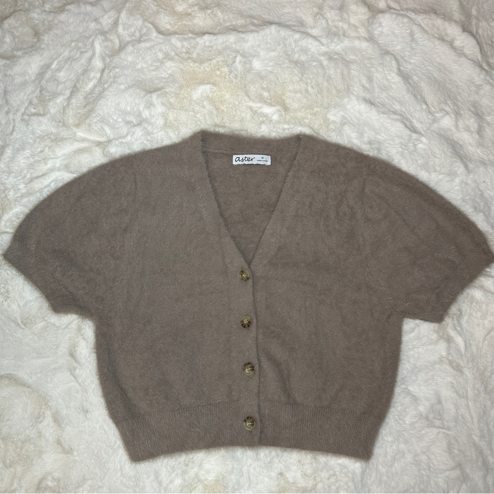 Fuzzy short sleeve button up top